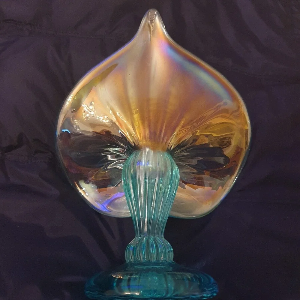 Vintage Jack in the Pulpit Candleholder Iridescent Aqua Glass Hand Blown Signed